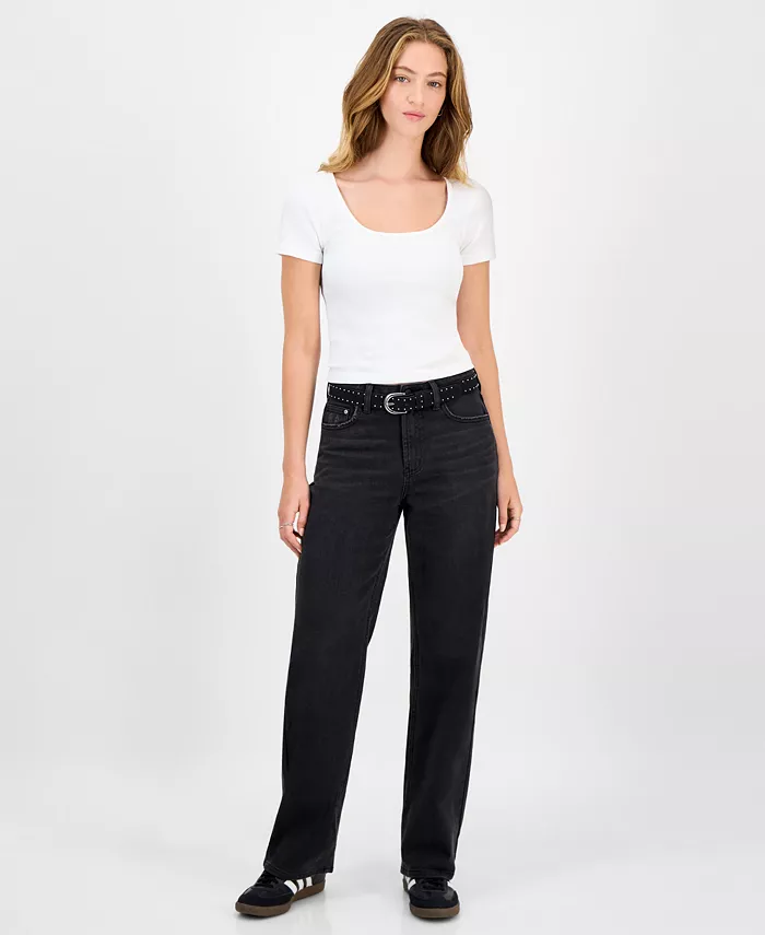 Juniors' Belted Slim-Fit Wide-Leg Jeans