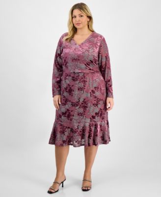 London Times - Plus Size Floral Long-Sleeve Flounce-Hem Midi Dress