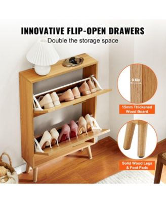 Shoe Cabinet with 2 Flip Drawers and Rattan Doors, Freestanding Entryway Organizer