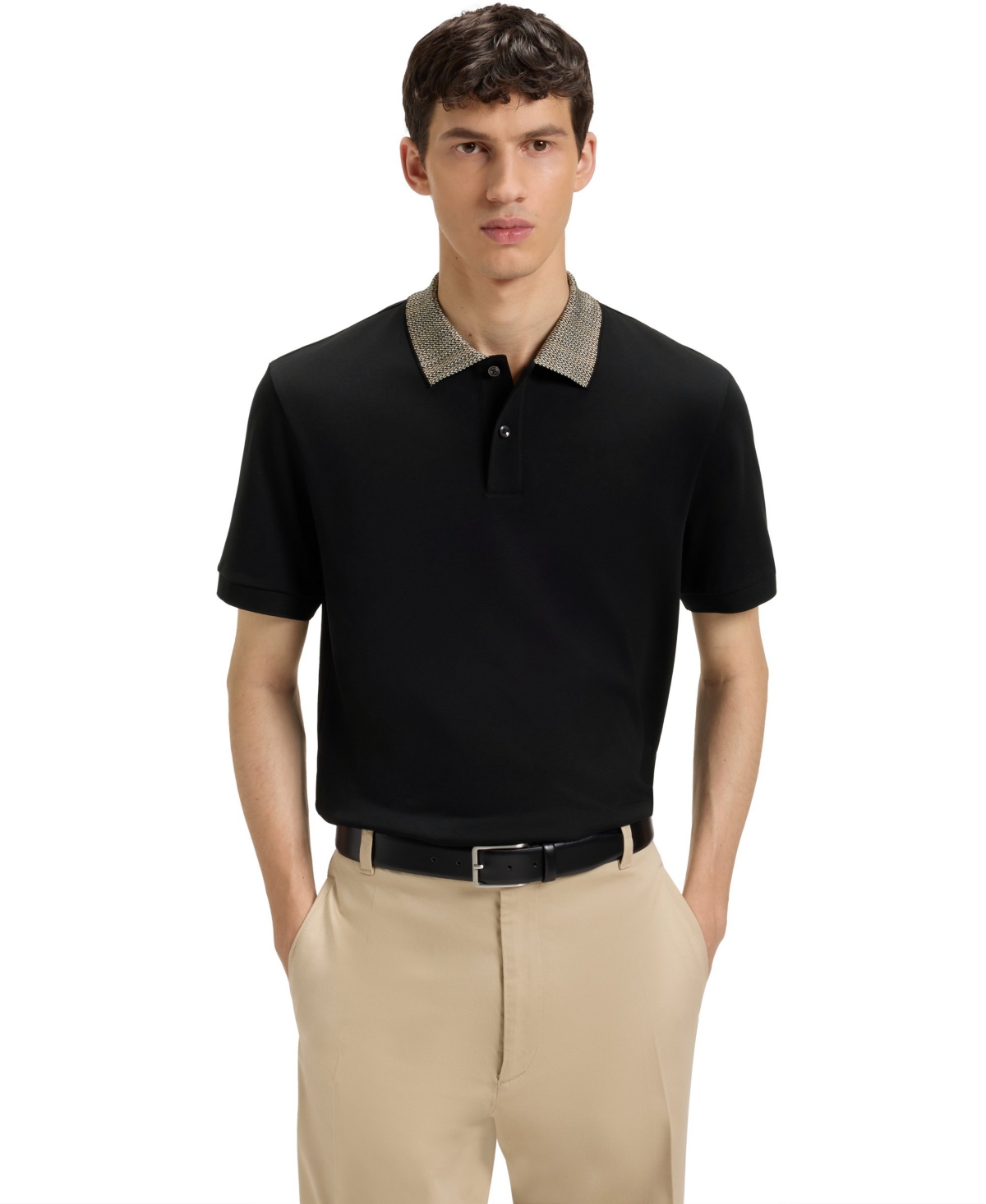 Boss by Hugo Boss Men's Patterned Collar Pima-Cotton Polo Shirt - Black