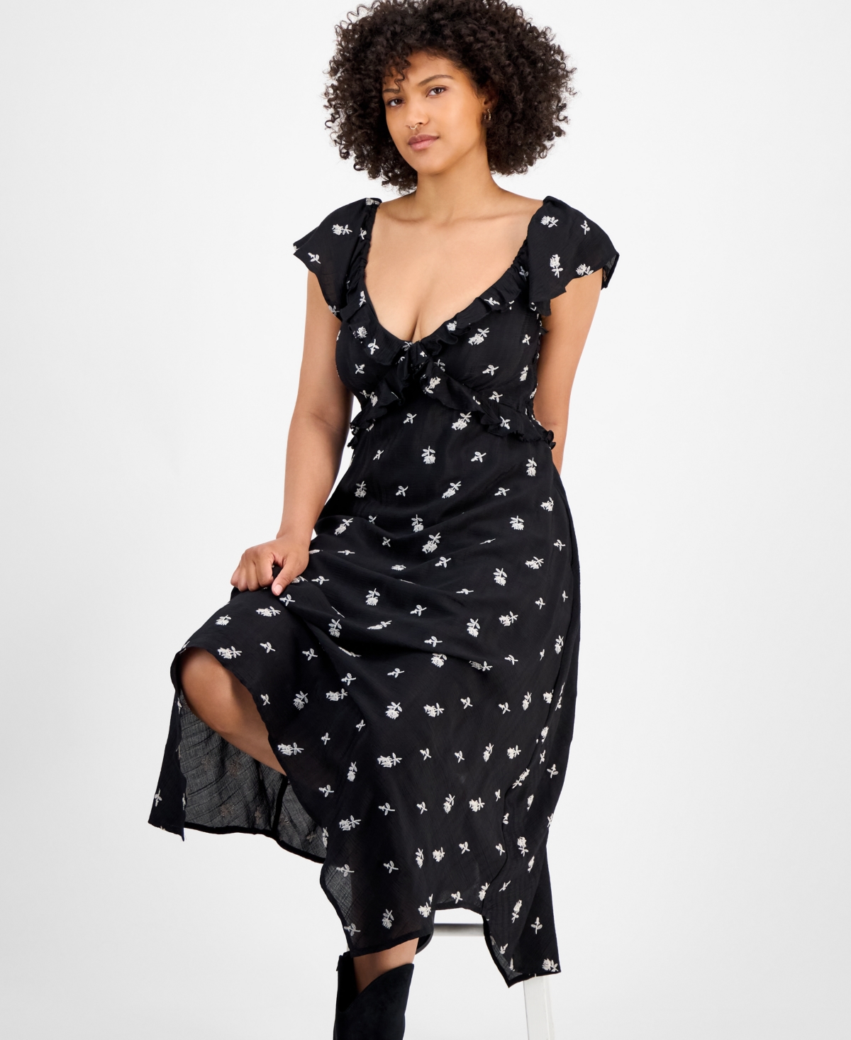 And Now This Women's Embroidered Handkerchief-hem Midi Dress, Macy's Exclusive In Black