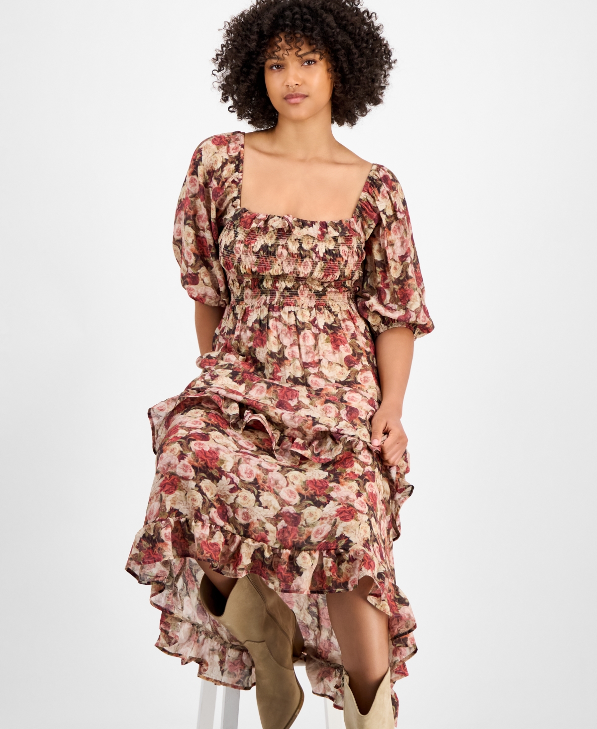 And Now This Women's Ruffle-trim Puff-sleeve Maxi Dress, Macy's Exclusive In Multi