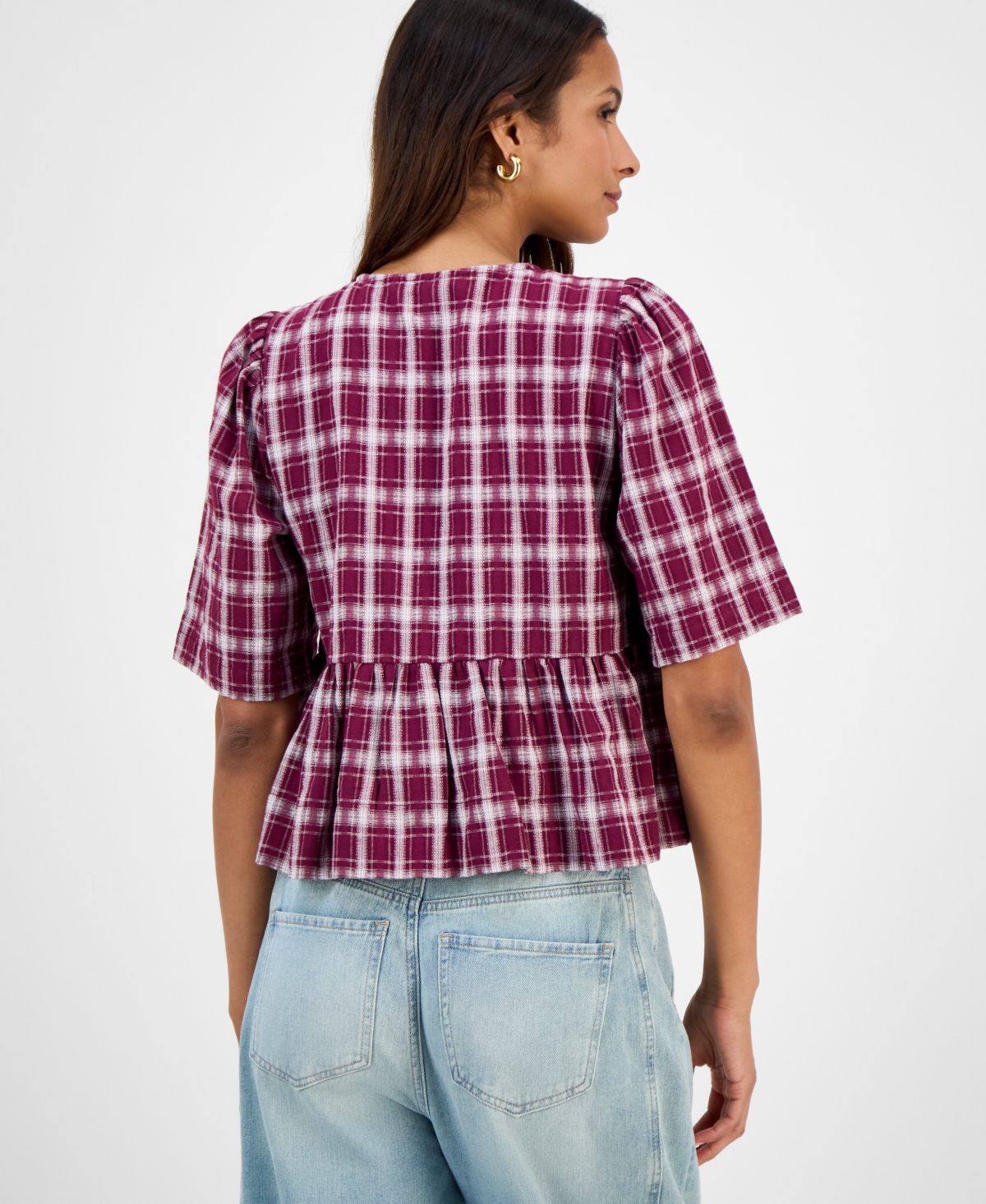 And Now This Women's Plaid Tie-front Peplum Top, Macy's Exclusive In Multi