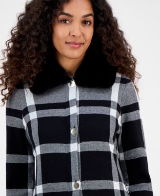 Women's Plaid Faux-Fur-Collar Coatigan