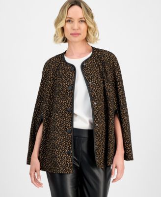 Leopard Jacquard Snap-Front Cape-Sleeve Topper, Regular & Petites
