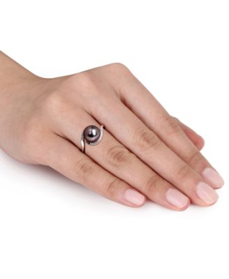 Cultured Black Tahitian Pearl (9mm) & Diamond (1/10 ct. t.w.) Swirl Ring in Sterling Silver