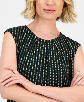 Foil Print Pleated-Neck Extended-Shoulder Top, Regular & Petites