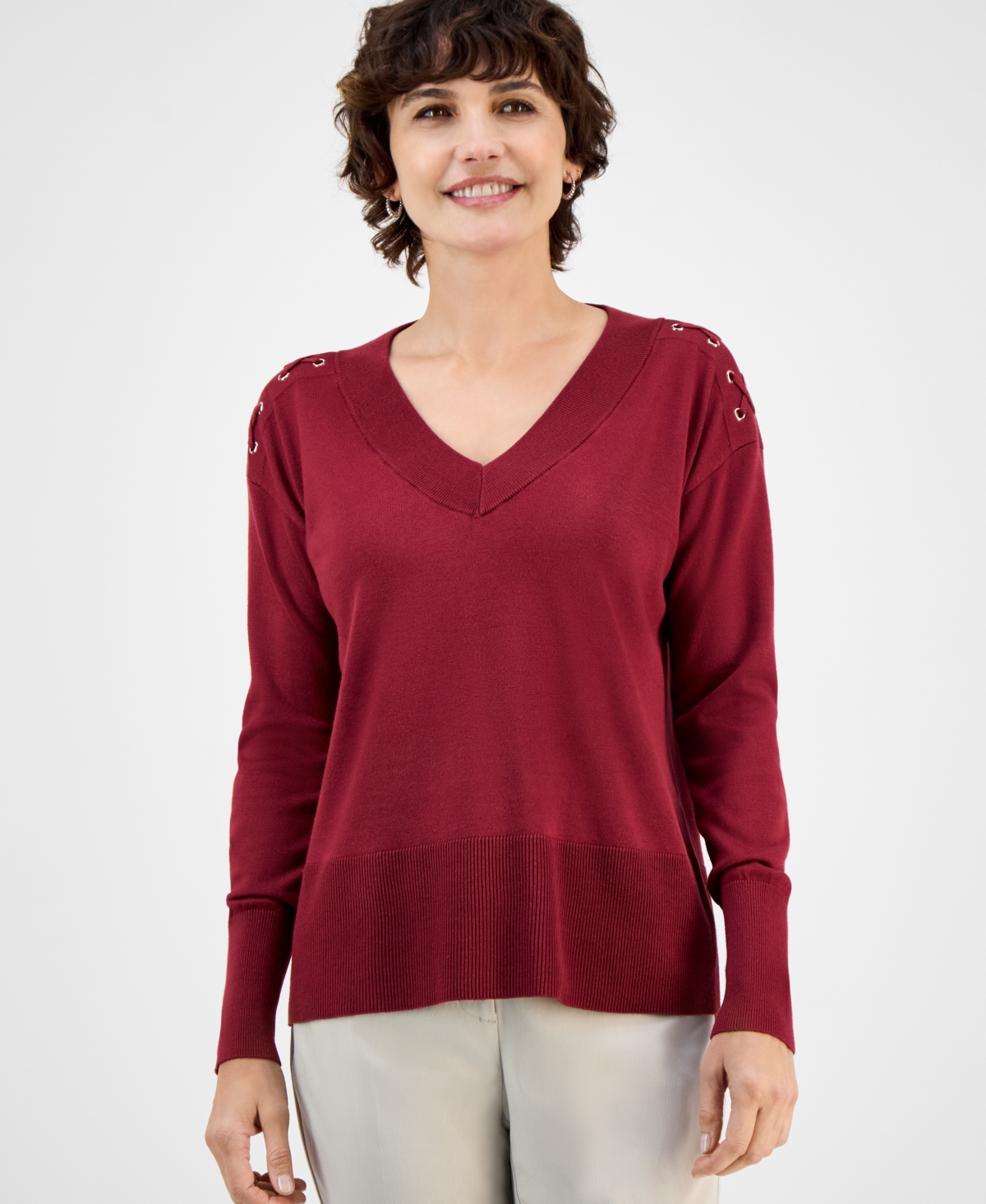 Jm Collection Women's Lace-up Shoulder V-neck Sweater, Exclusively At Macy's In Burgundy