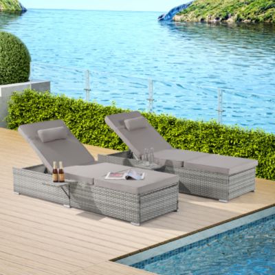 Outdoor Chaise Lounge Chair Set of 2 PE Rattan Recliners with Adjustable Backrest Cushion Table for Poolside Backyard