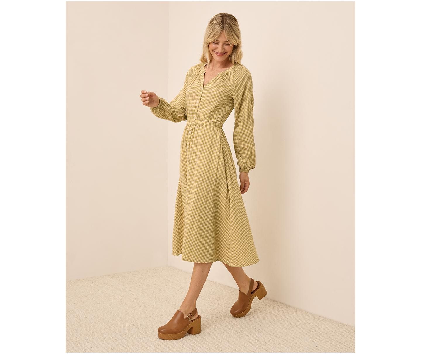 Женское платье Pact Organic Cotton Coastal Double Gauze Poet Sleeve, цвет: Золотой в мелкую клетку — фото 2