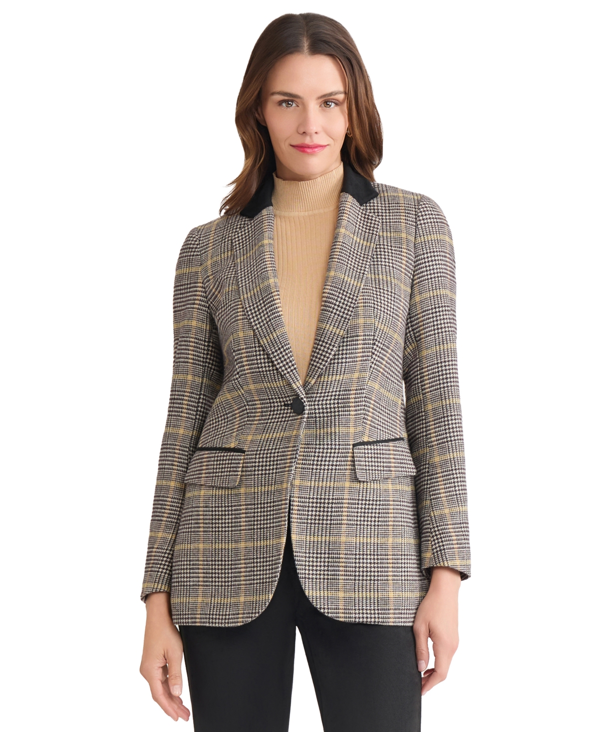 Jones New York Plaid Elbow Patch Blazer In Brown