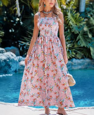 Women's Fresh Flowers Striped Maxi Beach Dress