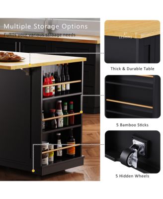 CASAINC 50" Kitchen Island With Drop Leaf, Power Outlet, Storage Racks, Rolling Cart on 5 Wheels (No Stools