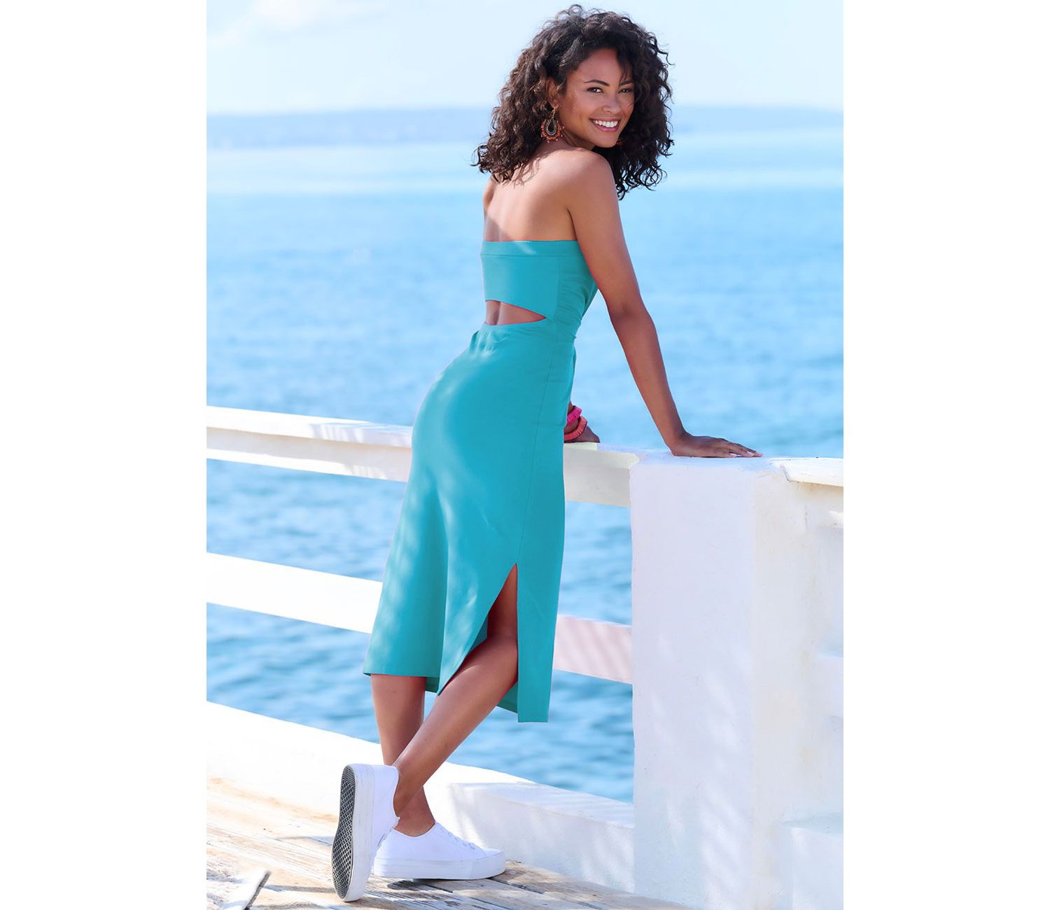 Women's Cotton Strapless Back Cutout Column Bandeau Midi Dress