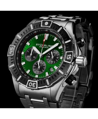 1022 Men s Chronograph Watch Quartz Movement Green Dial Black Subdials Black Bezel Stainless Steel Bracelet 50M Water Resistant Date Window