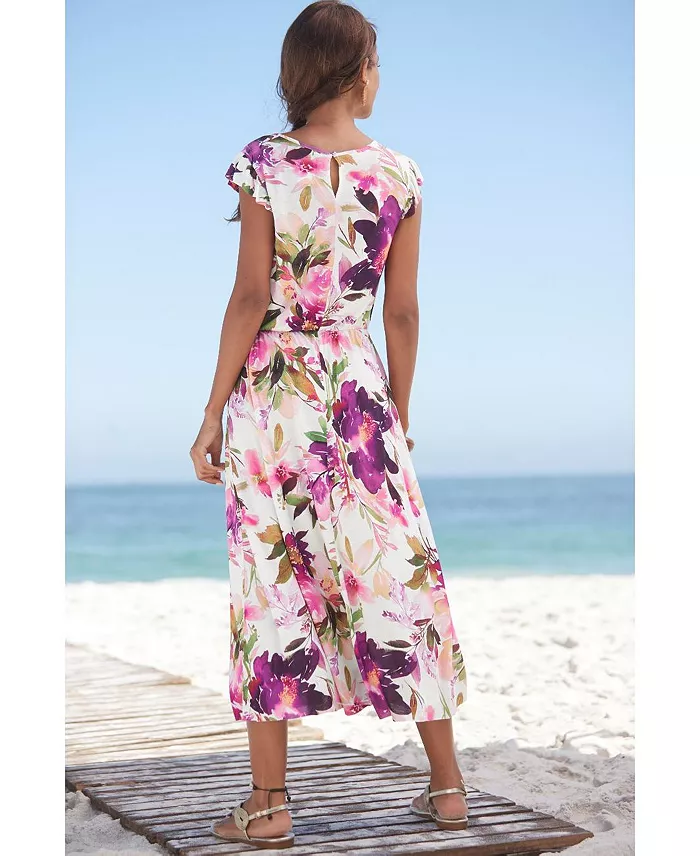 Women's Viscose Printed Flutter Sleeve A-Line Elastic-Waist Midi Dress - thumbnail 3