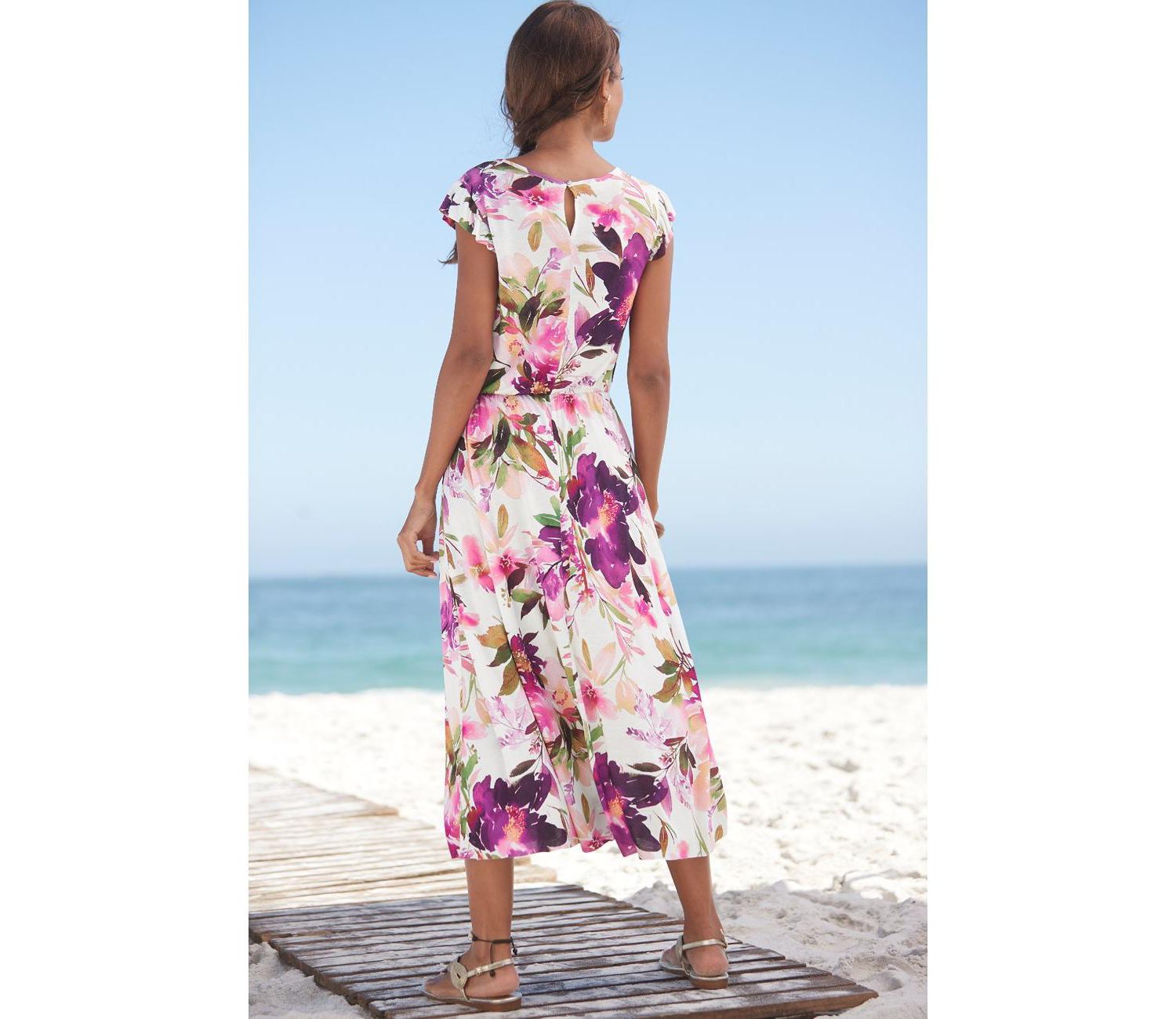 Women's Viscose Printed Flutter Sleeve A-Line Elastic-Waist Midi Dress