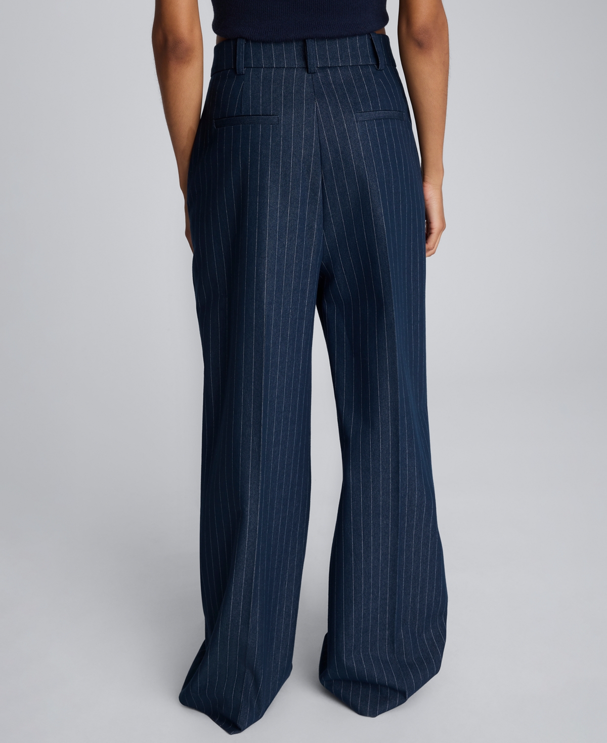 Kenneth Cole Pinstripe High Rise Fly Front Double Pleat Wide Leg Pant In Blue