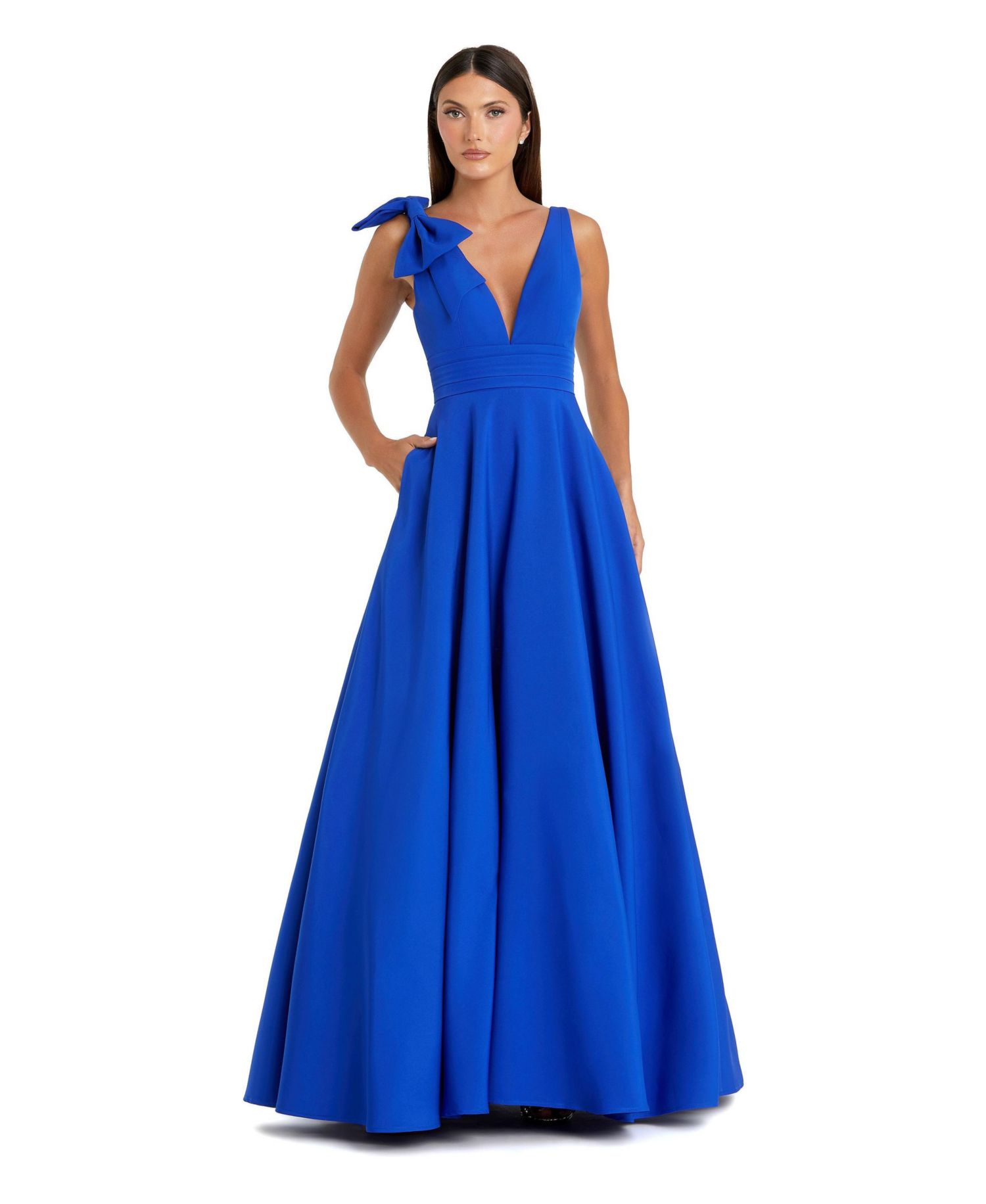 Women's Crepe Sleeveless Plunge Neck Ballgown With Bow Dresses