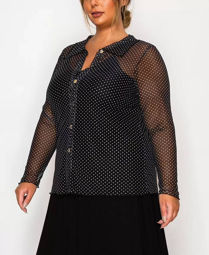 Plus Size Dot Mesh Button Front Long Sleeve Top - thumbnail 3