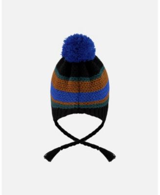 Boy Lined Peruvian Knit Pompom Hat Black, Blue and Brown - Toddler|Child