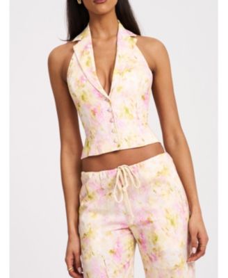 Women Lauren Pink Floral Print Ruched Back Linen Suit Vest