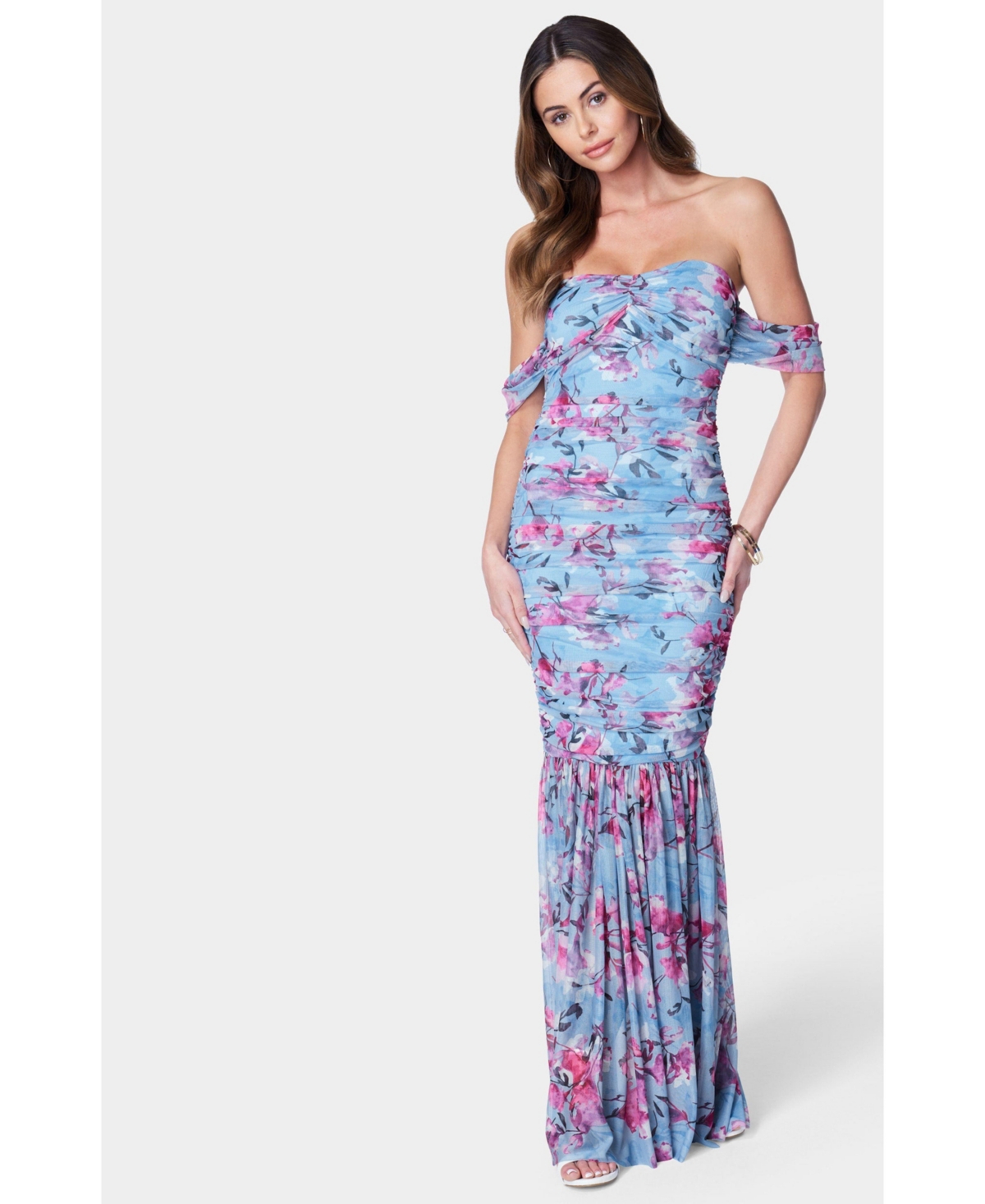 Women's Off Shoulder Ruched Mesh Gown - Blue multi