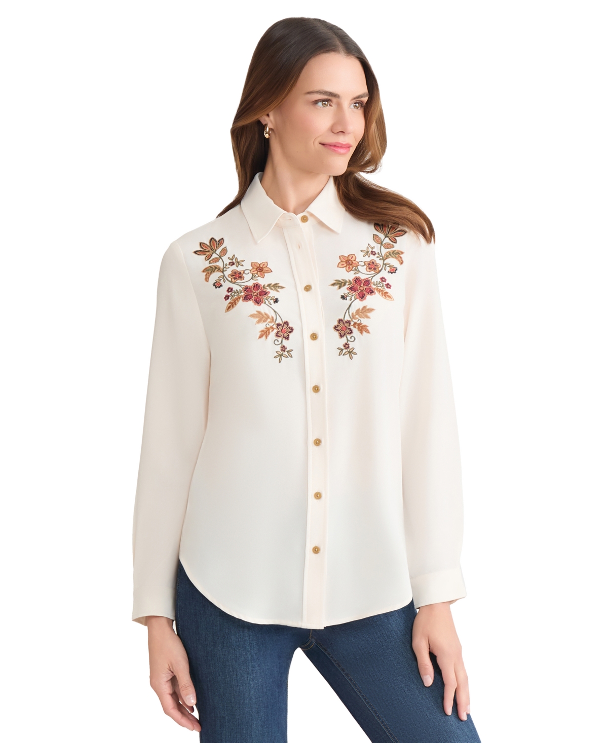 Jones New York Embroidered Yoke Button-up Shirt In Brown