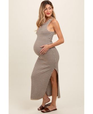 Maternity Beige Striped Knit Fitted Sleeveless Maxi Dress