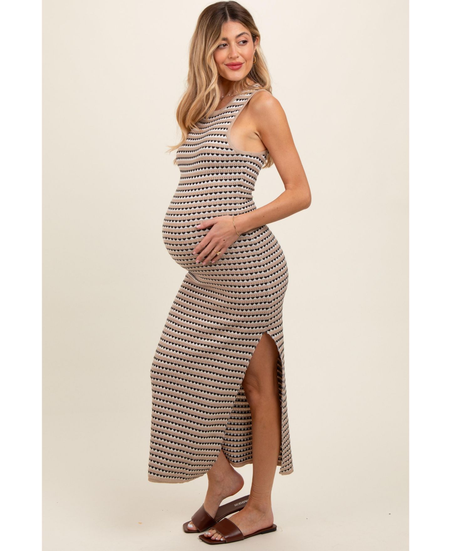 Женское платье Pinkblush Beige Striped Knit Fitted Sleeveless Maxi, цвет: Бежевый — фото 9