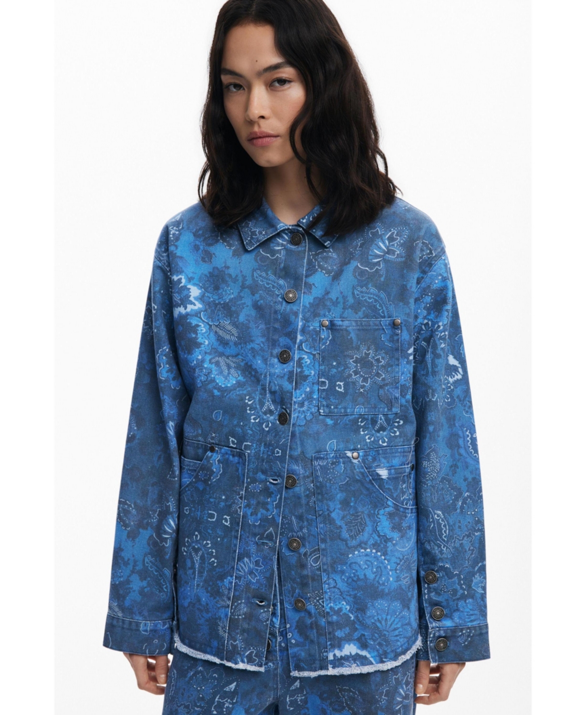Desigual Floral Print Denim Jacket In Blue