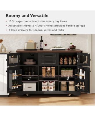 54.9" Kitchen Island with Drop Leaf, Power Outlet, Storage Cart with Glass & Barn Doors, 4 Shelves&Wheels (No Stools)