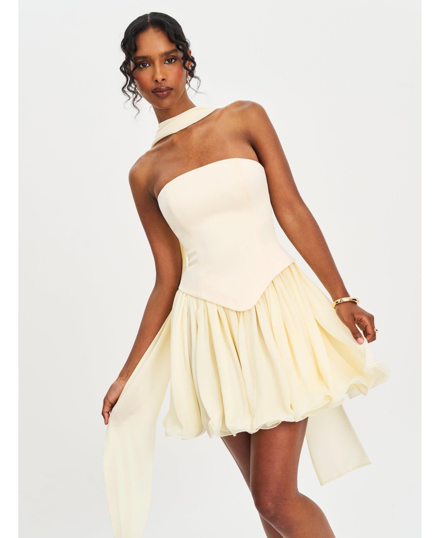 Women's Valentina Butter Yellow Boned Curve Edge Peplum Mini Dress
