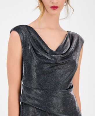 Women's Knit Draped-Neck Metallic Gown
