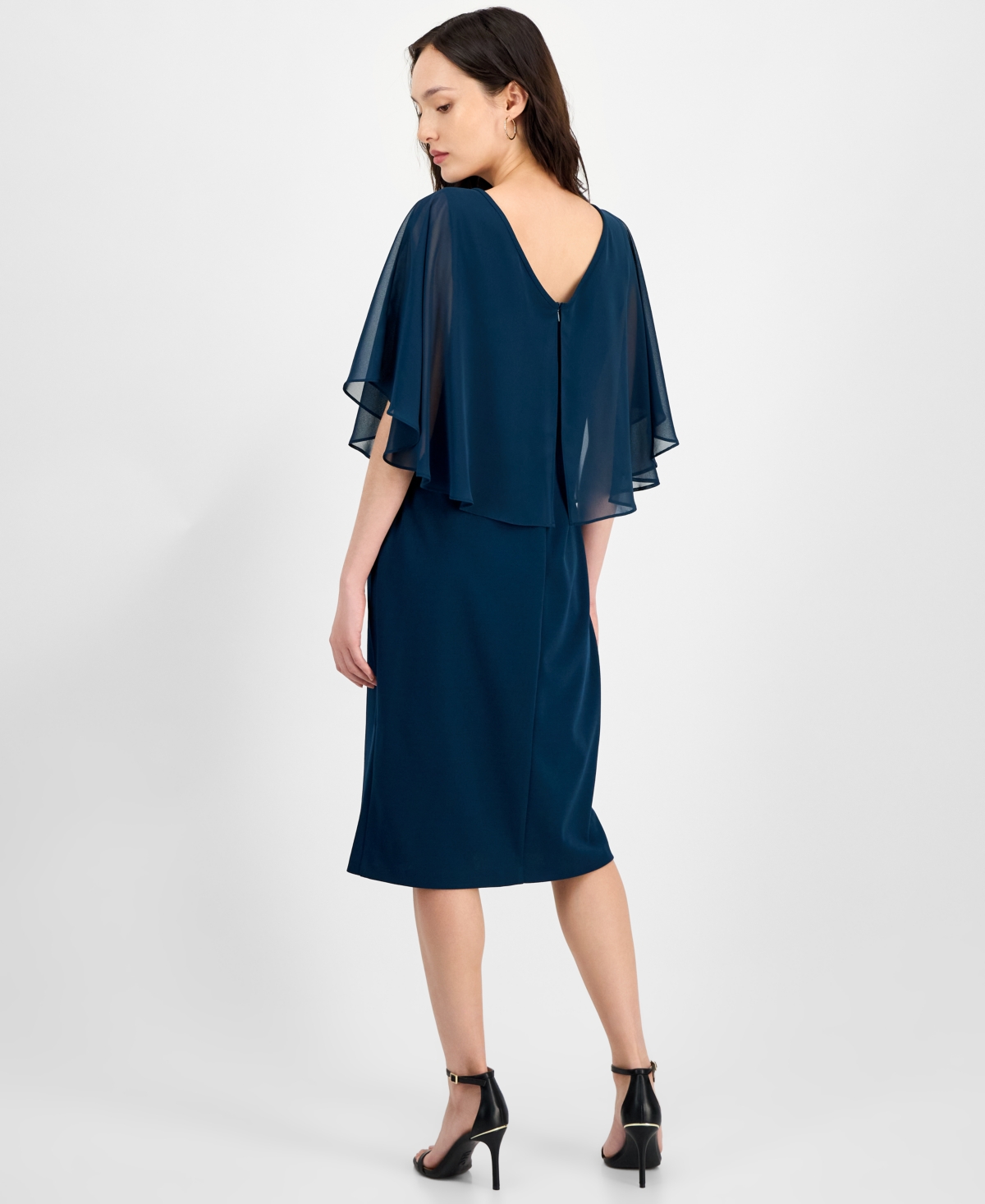 Connected Petite Cape Overlay Round Neck Dress In Blue