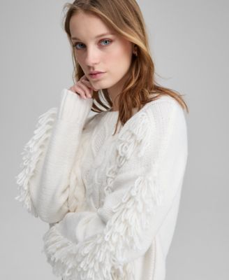 Petite Fringe Cable Knit Pullover Sweater