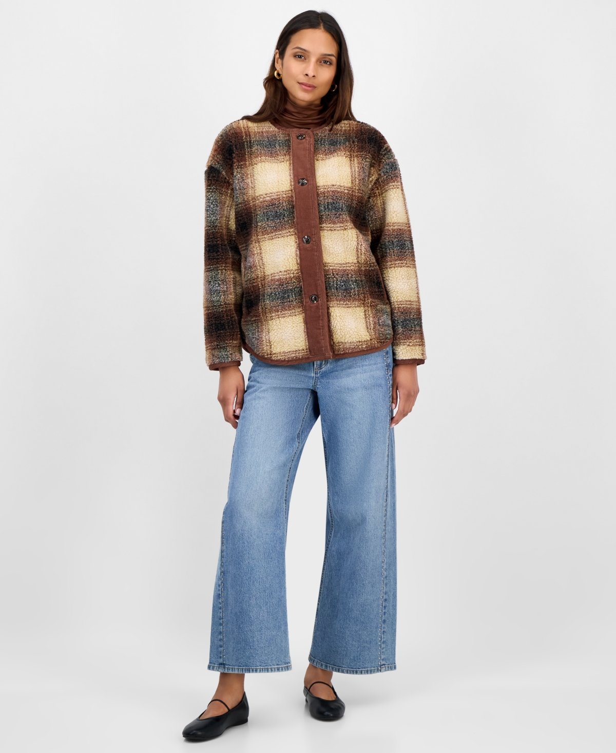 And Now This Women's Plaid Sherpa Fleece Collarless Jacket, Macy's Exclusive In Brown