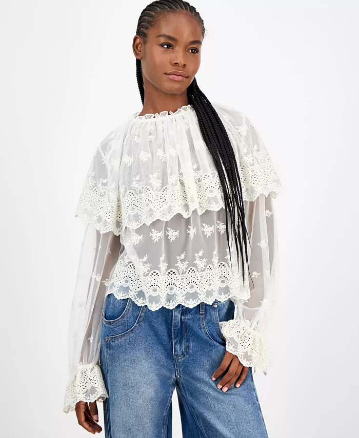 Women's Sheer Embroidered Capelet Blouse