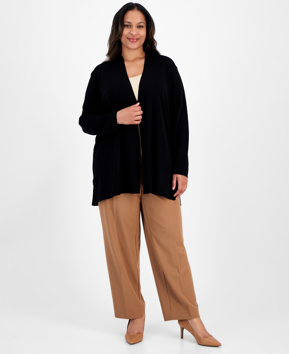 Anne Klein Plus Size Napa Kissing-front Cardigan Sweater In Black