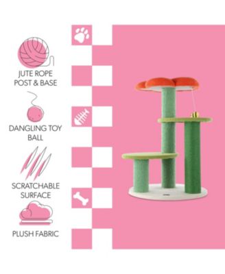 Poppy 29" 3-Tier Modern Jute Flower Cat Tree with Dangling Toy, Orange/Green