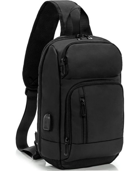 Мужская сумка Wosofe 14 inch Sling Bag for Men, Black Crossbody Bag with USB Charging Port Fits 10.2inch iPad, Casual, цвет: Чёрный