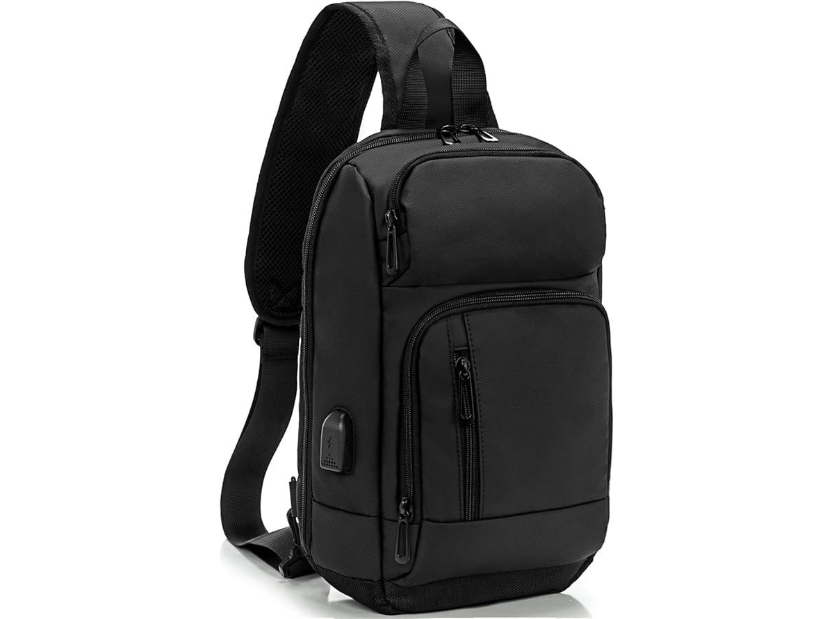 14 inch Sling Bag for Men,Black Crossbody Bag with Usb Charging Port Fits 10.2inch iPad, Casual - Black