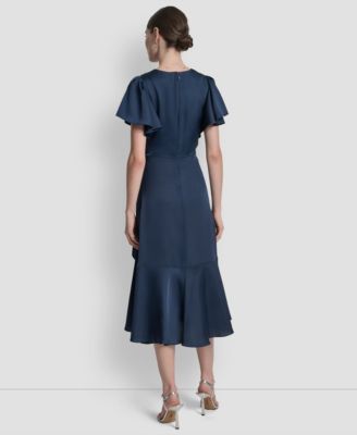 Women's Short Sleeve Faux Wrap Midi Dress