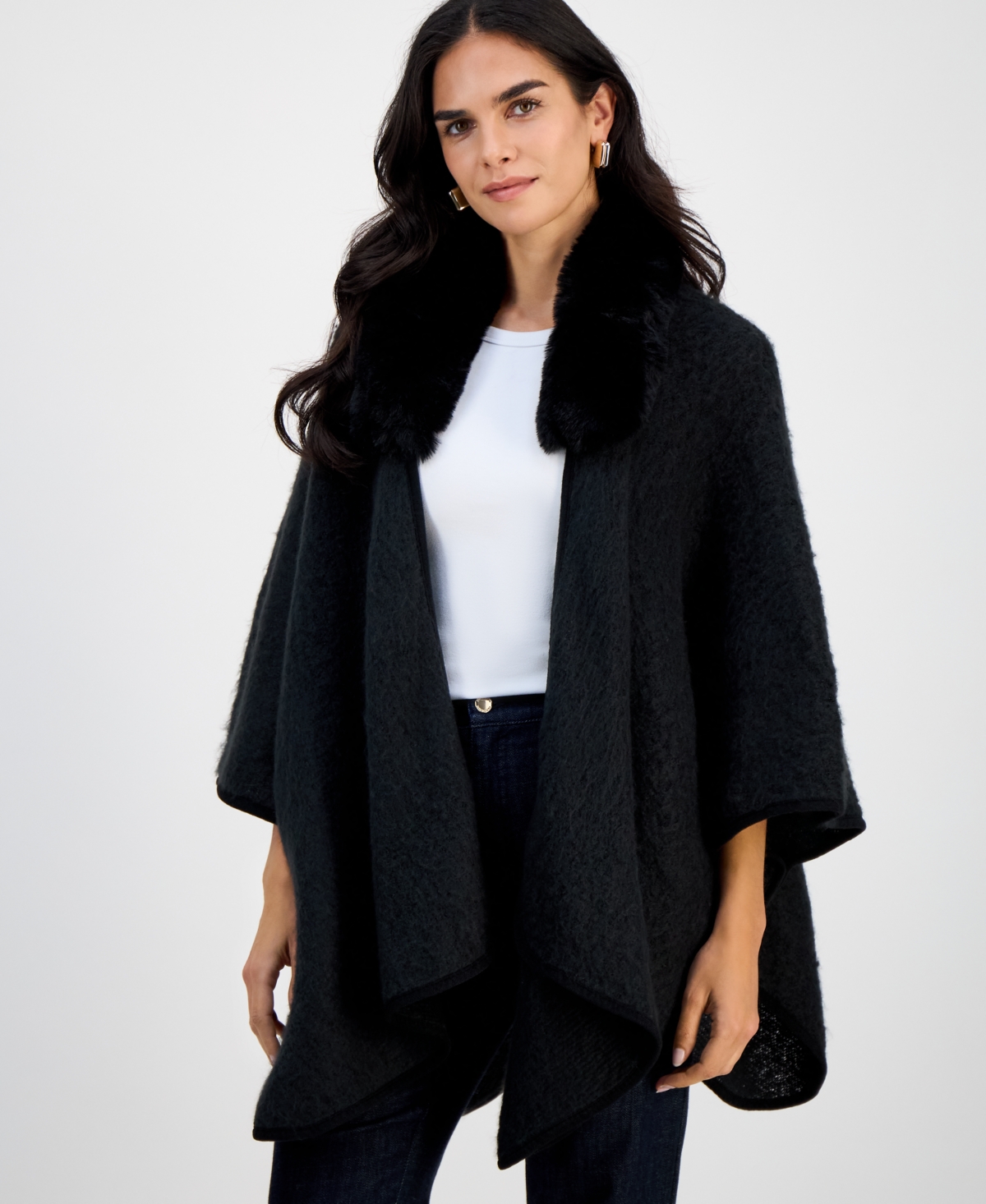 Inc International Concepts Faux Fur Trim Luxe Ruana Topper, Macy's Exclusive In Black
