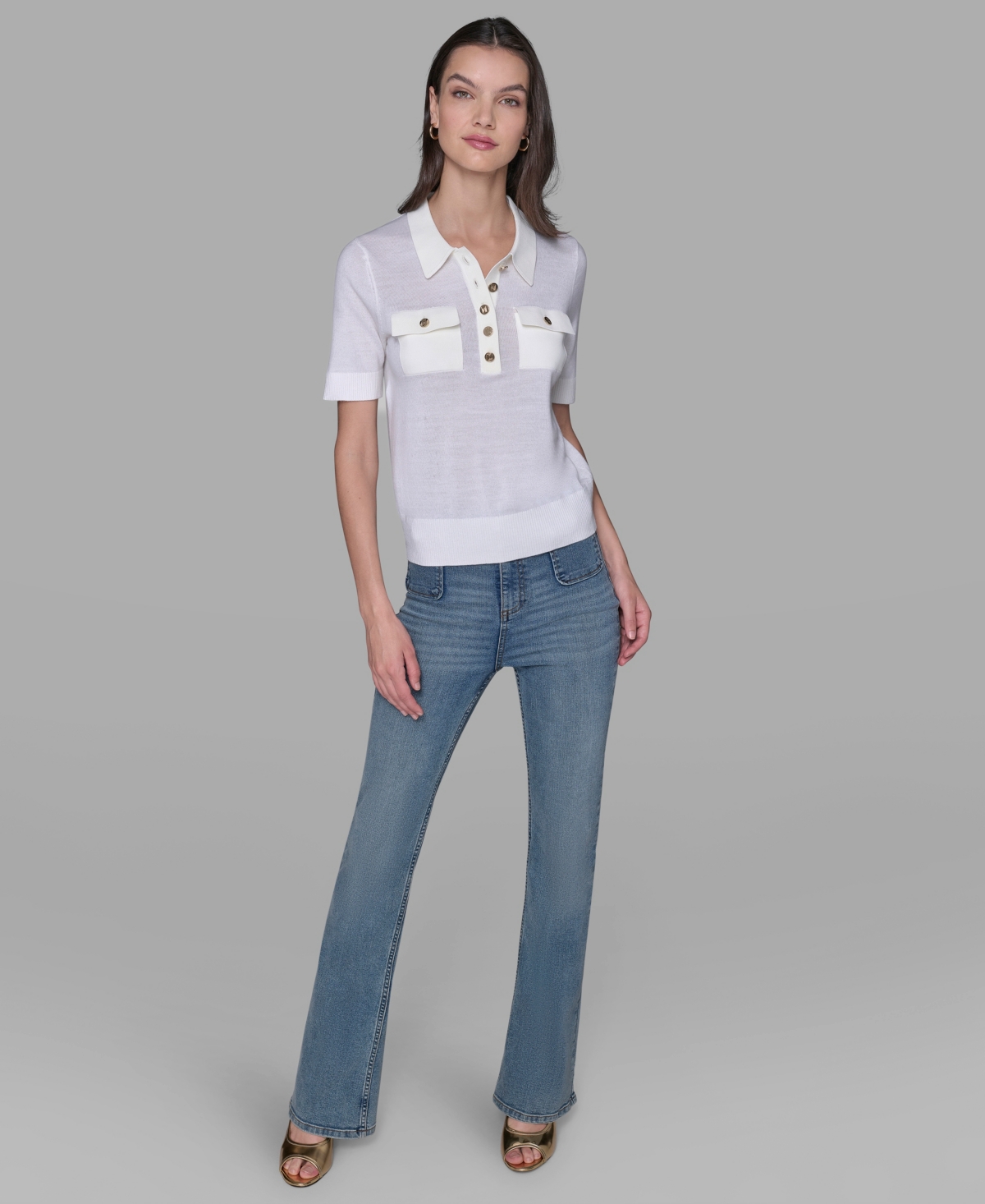 Karl Lagerfeld Women's Short-sleeve Button-front Sweater In White