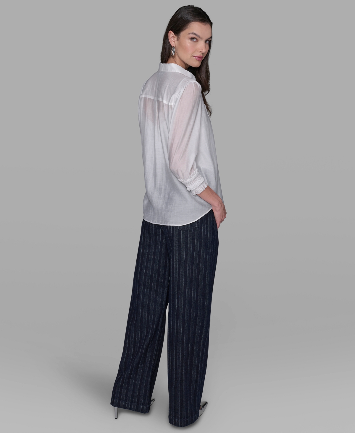 Karl Lagerfeld Women's Ruffle Button Woven Collar Neck Top In White