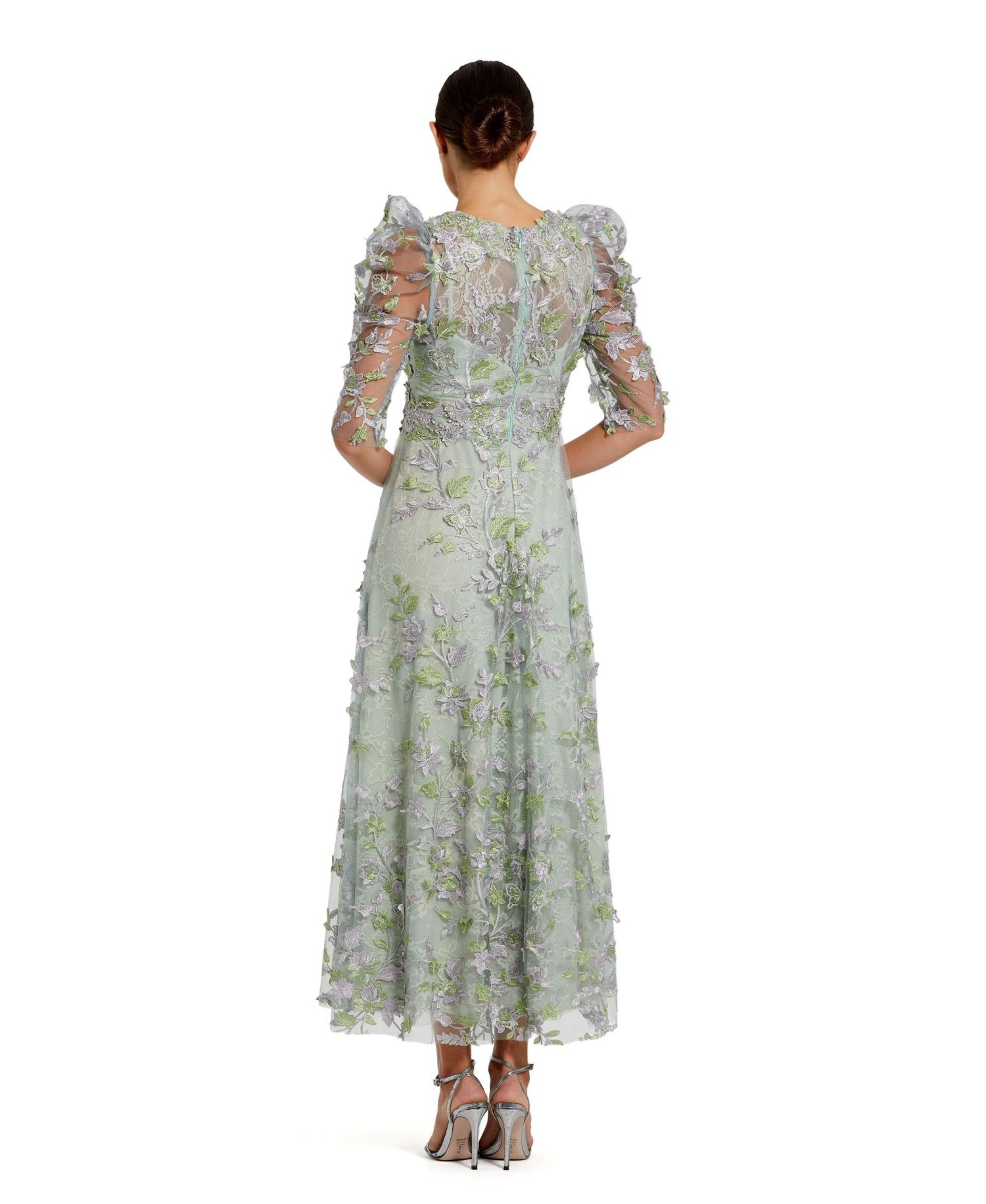 Women's Applique High Neck Puff Sleeve A Line Dress