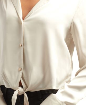 Juniors Long-Sleeve Tie-Hem Long-Sleeve  Satin Top