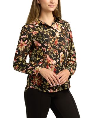 Juniors Printed Burnout Button-Front Long-Sleeve Top