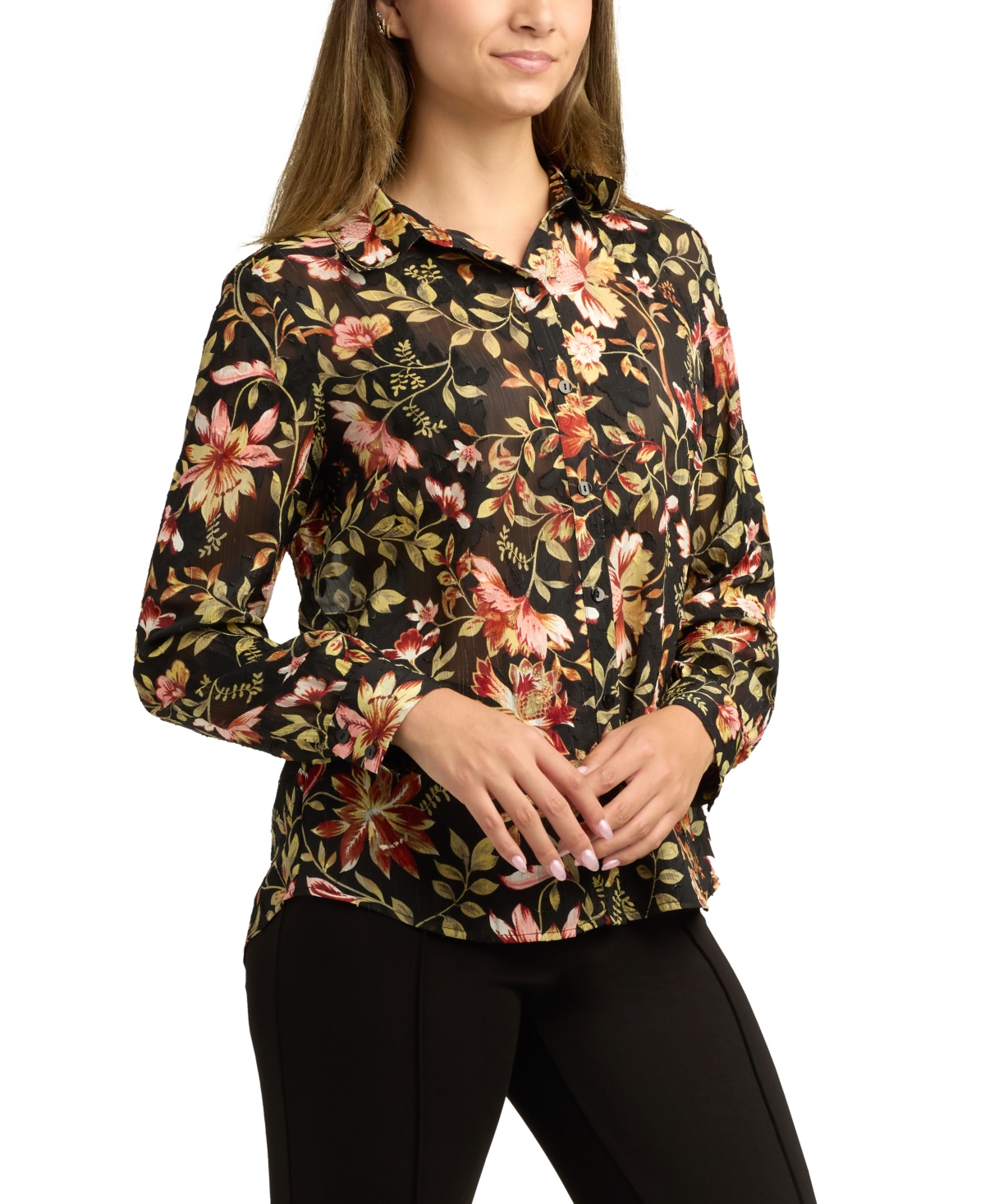 Bcx Juniors Printed Burnout Button-front Long-sleeve Top In Black